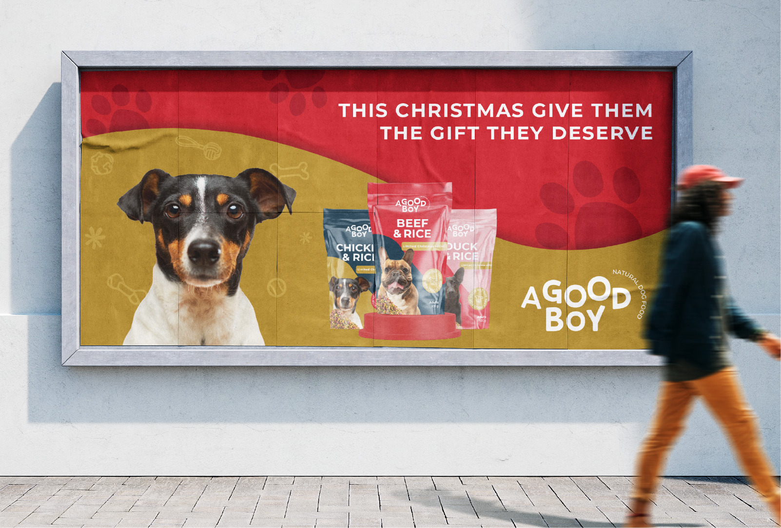 STREET SIGN Image of a yellow and red horizontal street sign with a dog and packaging