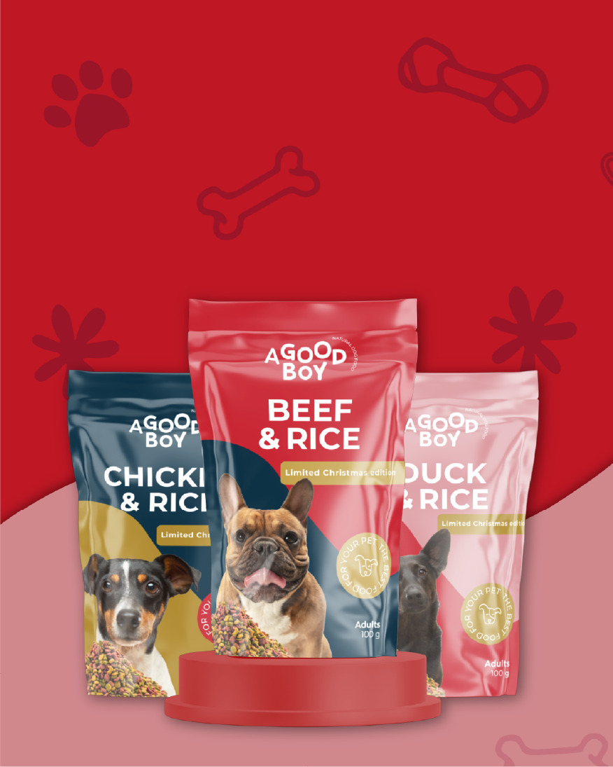 PACKAGING Packaging image of dog food sachets, blue, red and pink