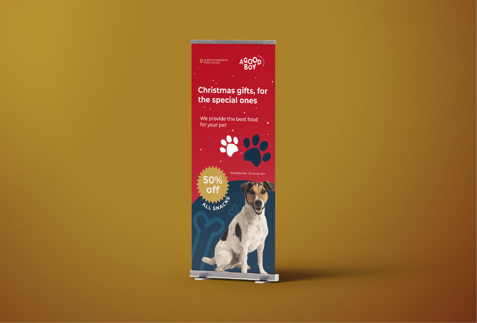 VERTICAL POSTER Red, blue and gold vertical poster image with information about a new product