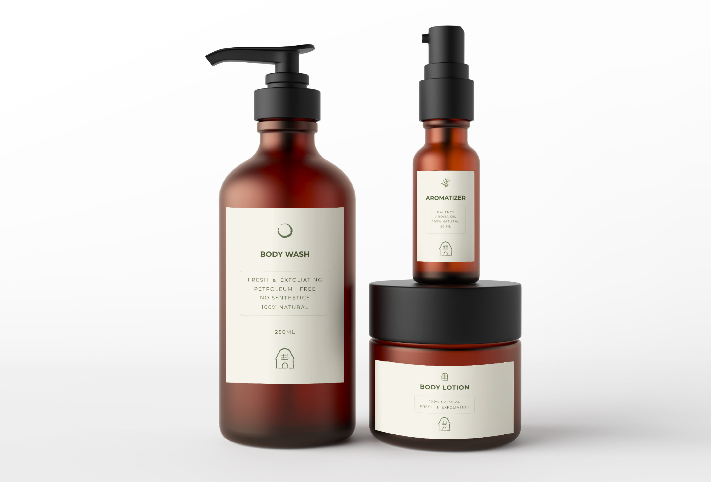 AROMATIZER Image of three bath containers with labels reading, body wash, body lotion and aromatizer
