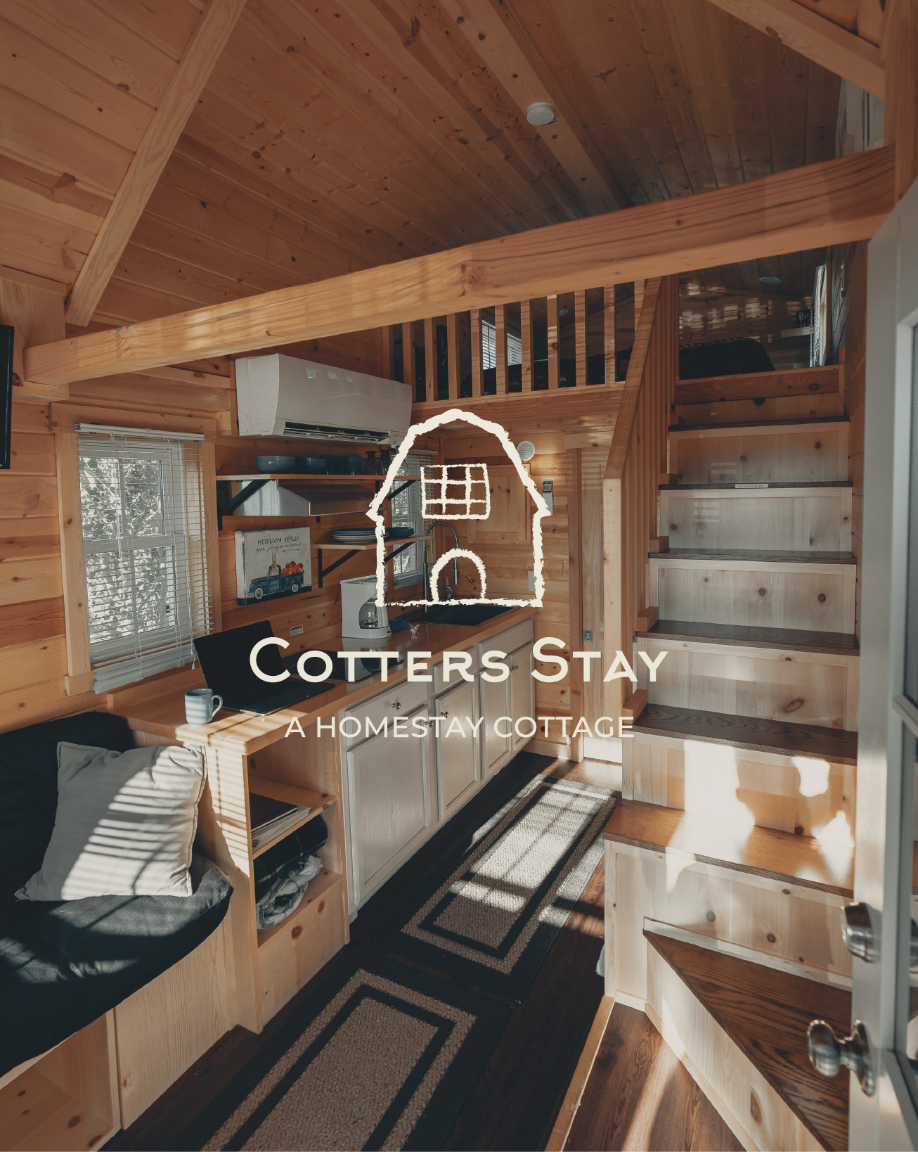 WOODEN HOUSE Image of the interior of a wooden house with Cotters stay logo in the center