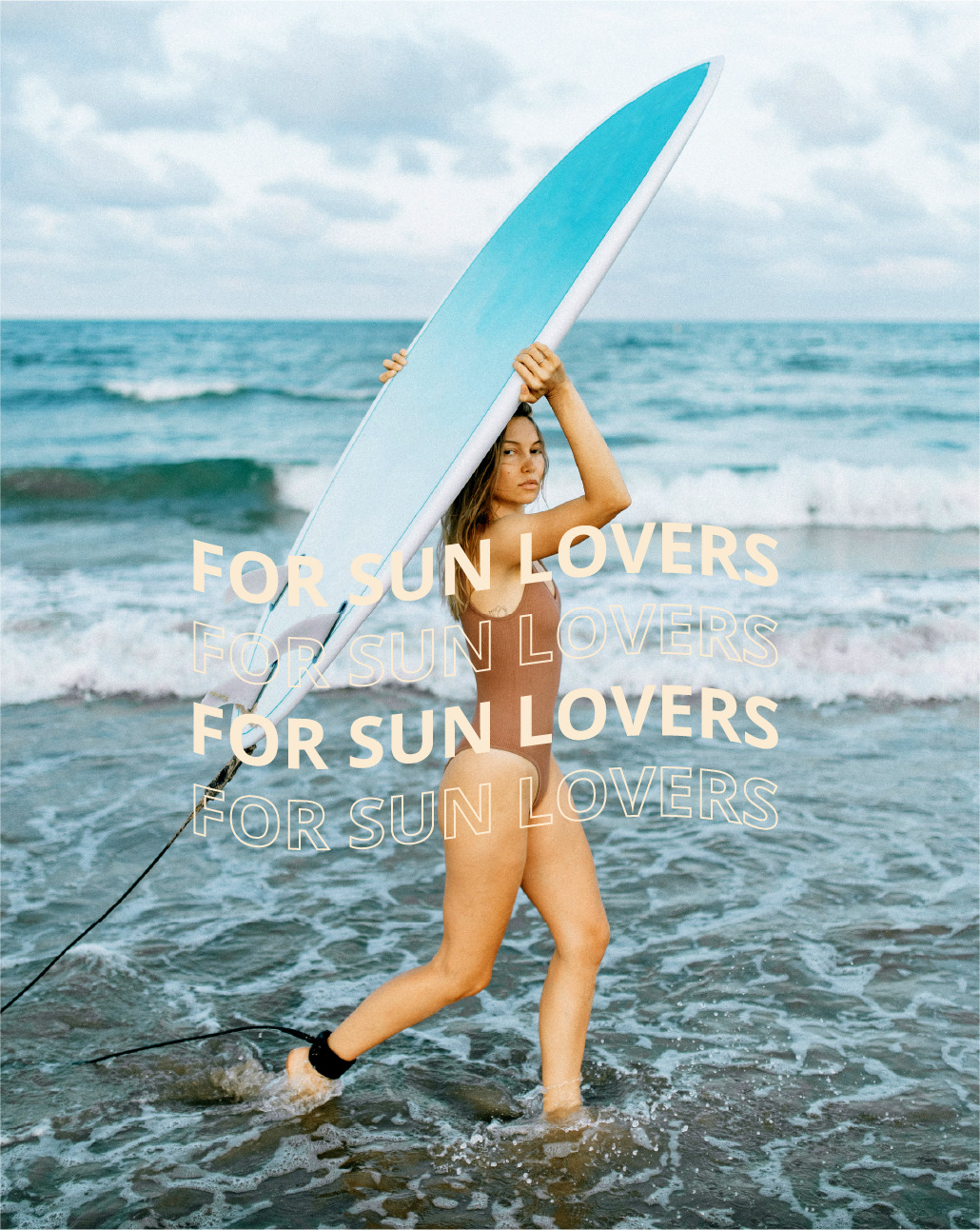 image of girl on the beach with surfboard and text For sun lovers above