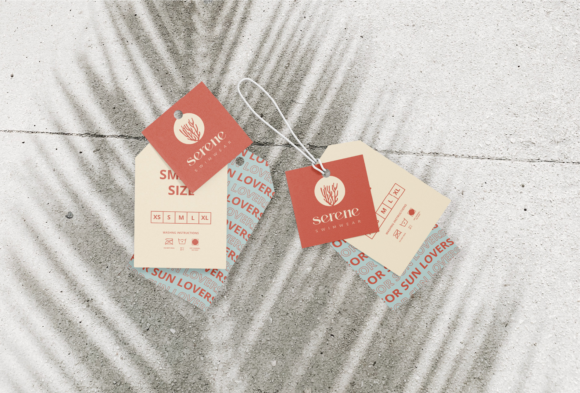 image of clothing labels with serene logo and sizes